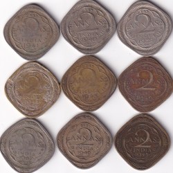 1939-1947 British India George 6 Two Annas Complete Set # N-347