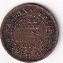 Sailana State India- British 1908 Edward Quarter Anna Extermly Rare COIN#N-365