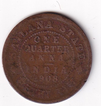 Sailana State India- British 1908 Edward Quarter Anna Extermly Rare COIN#N-366