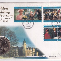 Falkland Islands 5 Pounds 1997 - Golden Wedding Anniversary - Ellizabrth and Phillip - Commemorative Coin First DAY Cover Mint Pack GEM UNC