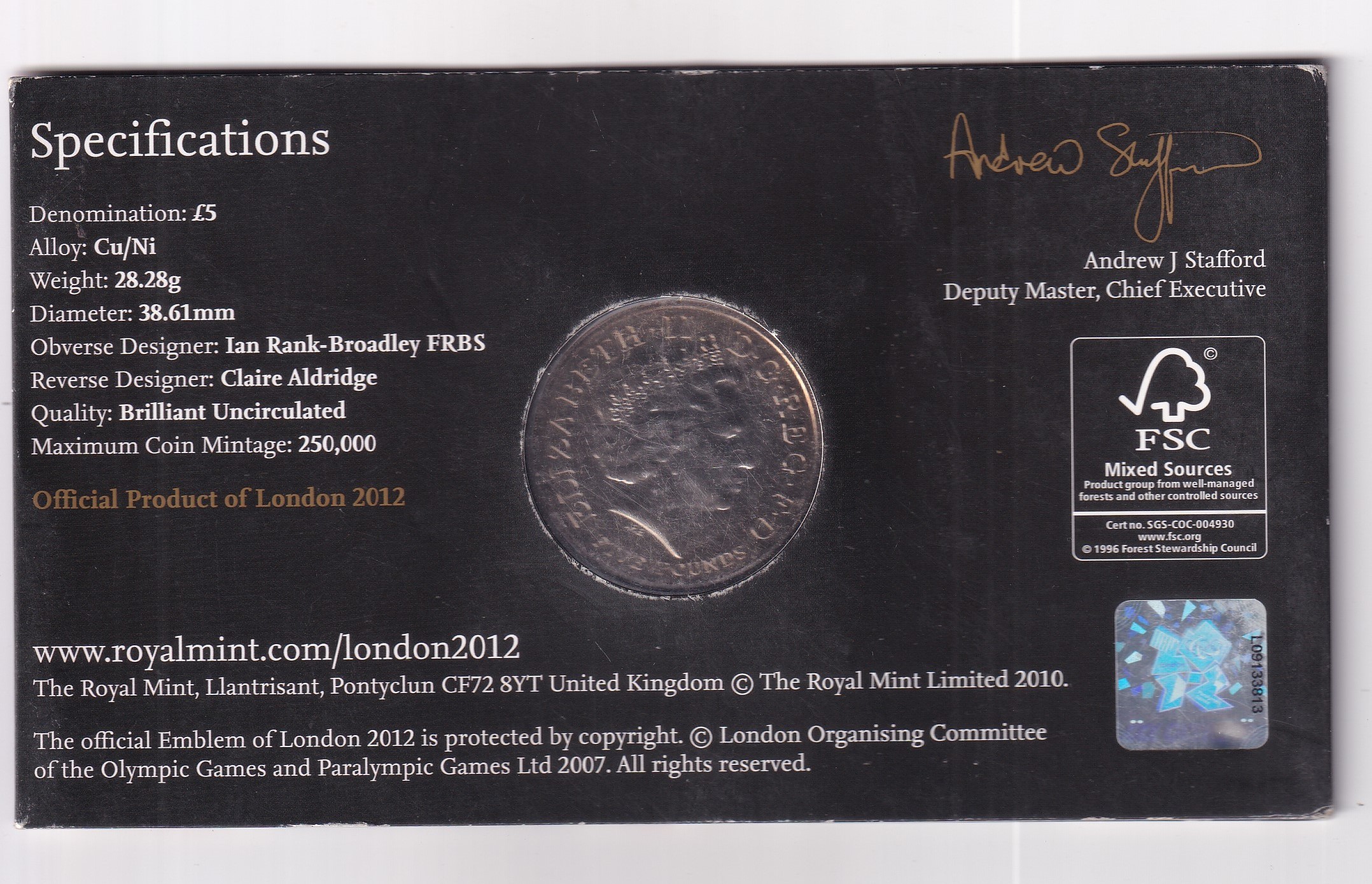 England 5 Pounds 2012 - XXX Olympiad Countdown - Commemorative Coin First DAY Cover Royal Mint Pack GEM UNC