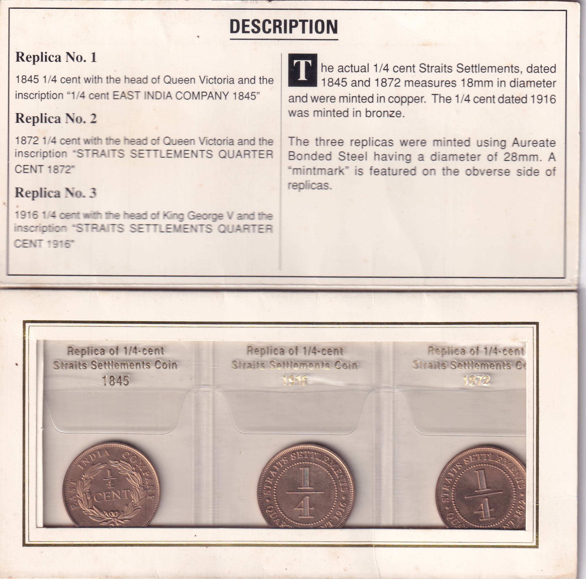 Replica of Straits Settlement Coin 1845 , 1916,1872 Mint Issue Rare Folder Pack Set