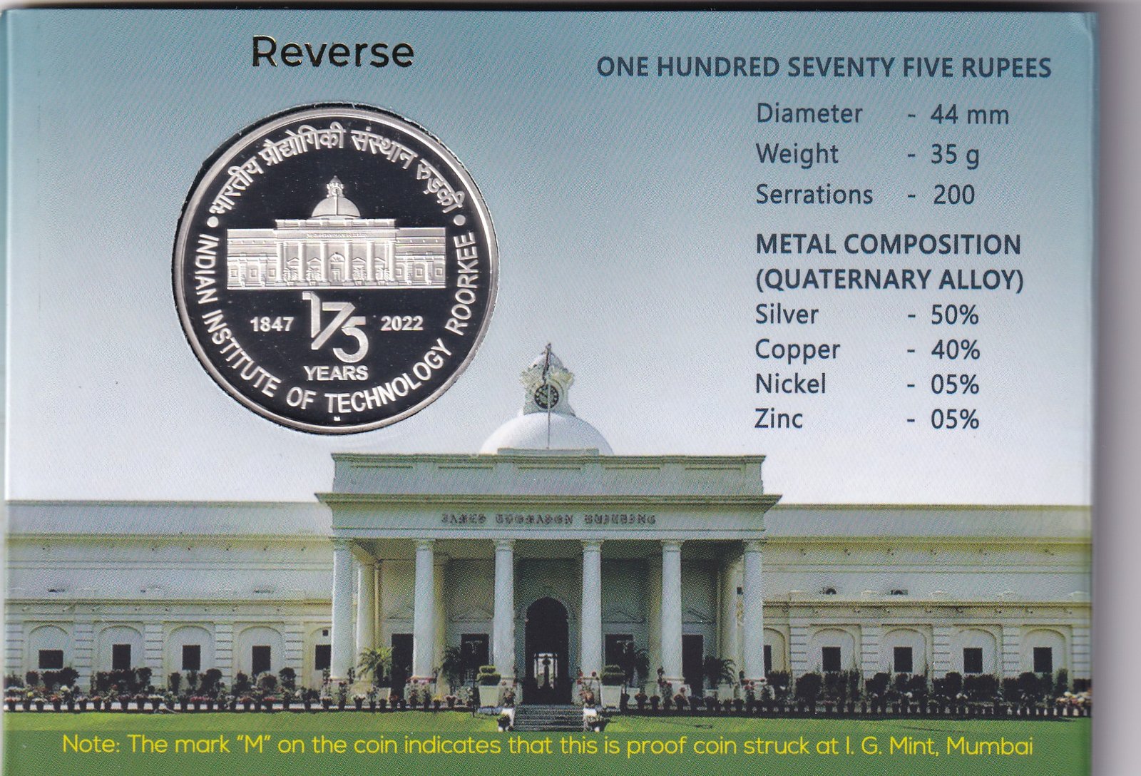 Indian Institute of technology Roorkee 2022 Mumbai Mint 1 Coin Proof Set