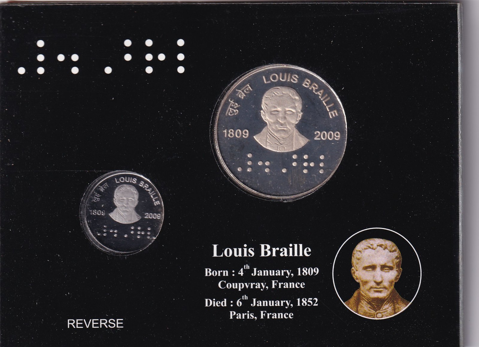 200th Birth Anniversary of Louis Braille (1809-2009) Kolkata Mint 2 Coin (Proof Set)