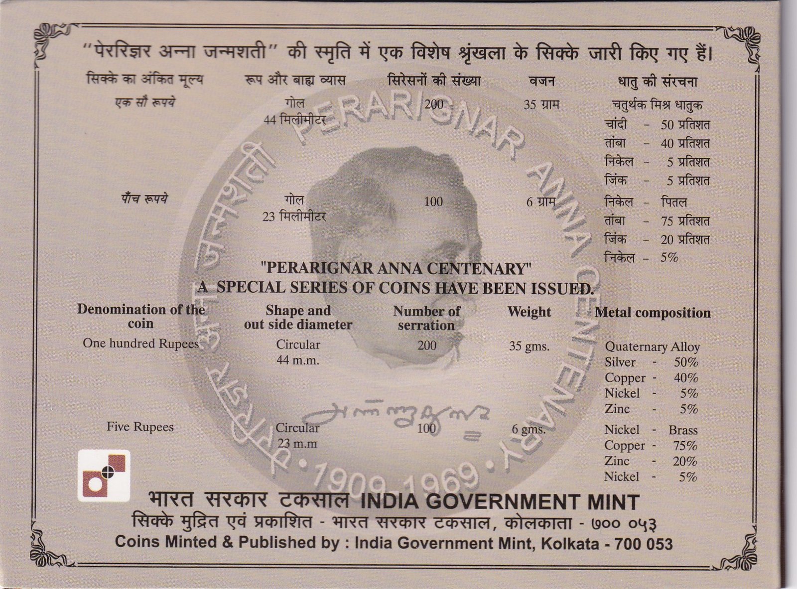 Perarignar Anna Centenary-1969 Kolkata Mint 2 Coin (Proof Set)