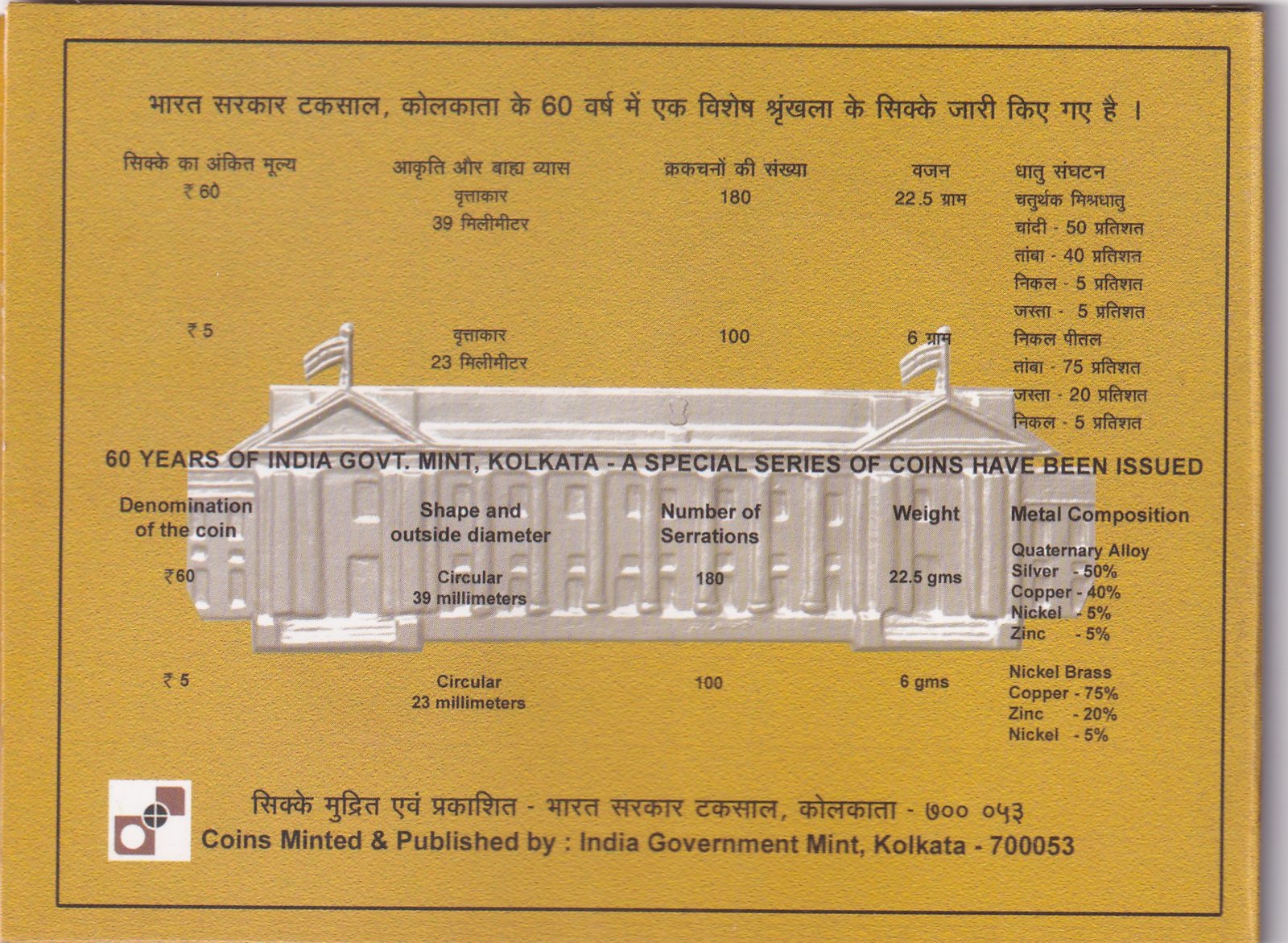60 YEARS OF INDIA GOVT. - 2012 KOLKATA MINT RARE 2 COIN ((PROOF SET))