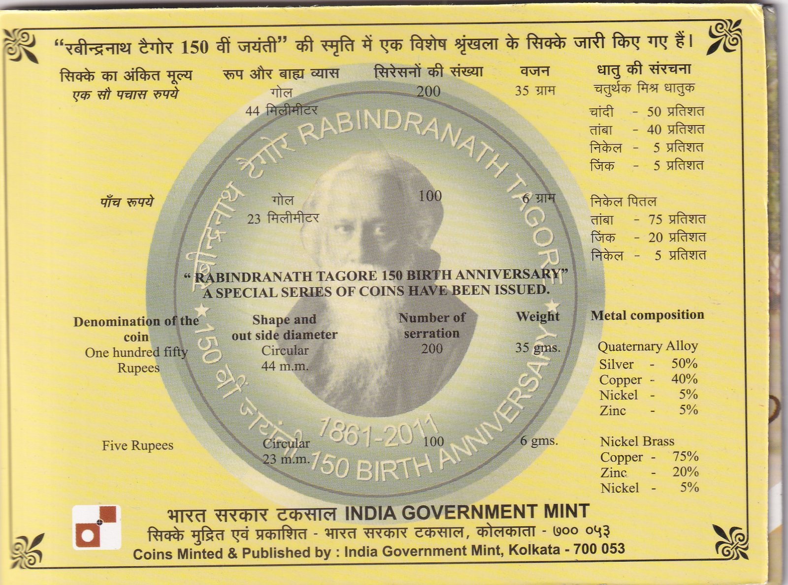 RABINDRANATH TAGORE 150 BIRTH ANNIVERSARY 1861-2011 KOLKATA MINT RARE 2 COIN ((PROOF SET))