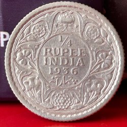 Rare 1/4 Rupee 1936 Silver Coin Calcutta Mint George V King Emperor British India Coin