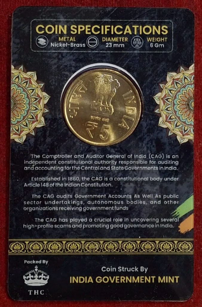 5 Rs. COMPTROLLER & AUDITOR rare Commemorative Coin Card Special Edition
