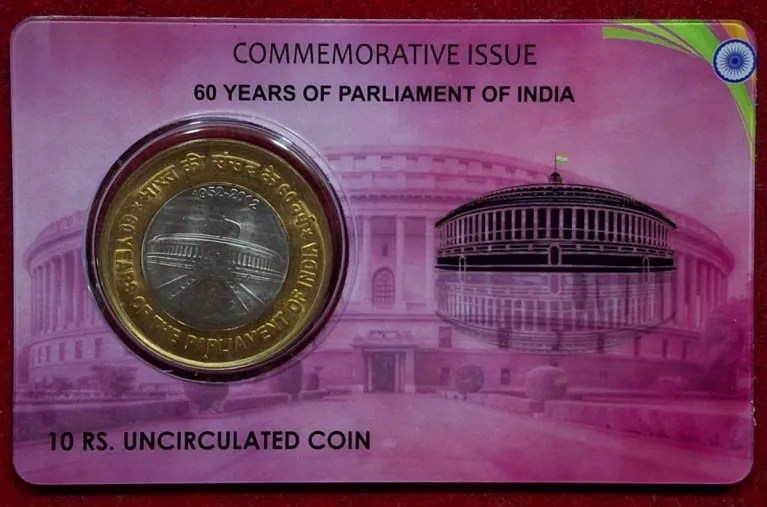 10 Rs. 60 YEARS OF PARLIAMENT OF INDIA rare Commemorative Coin Card Special Edition