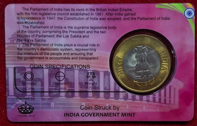 10 Rs. 60 YEARS OF PARLIAMENT OF INDIA rare Commemorative Coin Card Special Edition