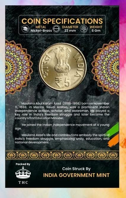 5 Rs. 125th Anniversary of Maulana Abdul Kalam Azad rare Commemorative Coin Card Special Edition