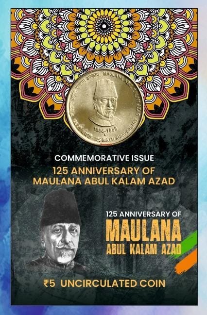 5 Rs. 125th Anniversary of Maulana Abdul Kalam Azad rare Commemorative Coin Card Special Edition