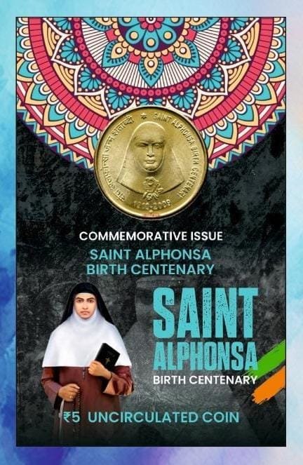 5 Rs. Saint Alphonsa Birth centenary rare Commemorative Coin Card Special Edition