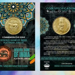 5 Rs. Reserve Bank Of India Platinum Jubilee Rare Commemorative Coin Card Special Edition