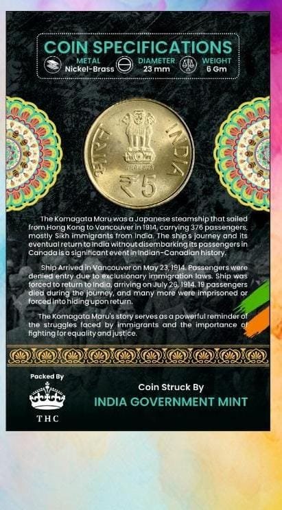 5 Rs. Centenary Of Komagata Maru Incident rare Commemorative Coin Card Special Edition