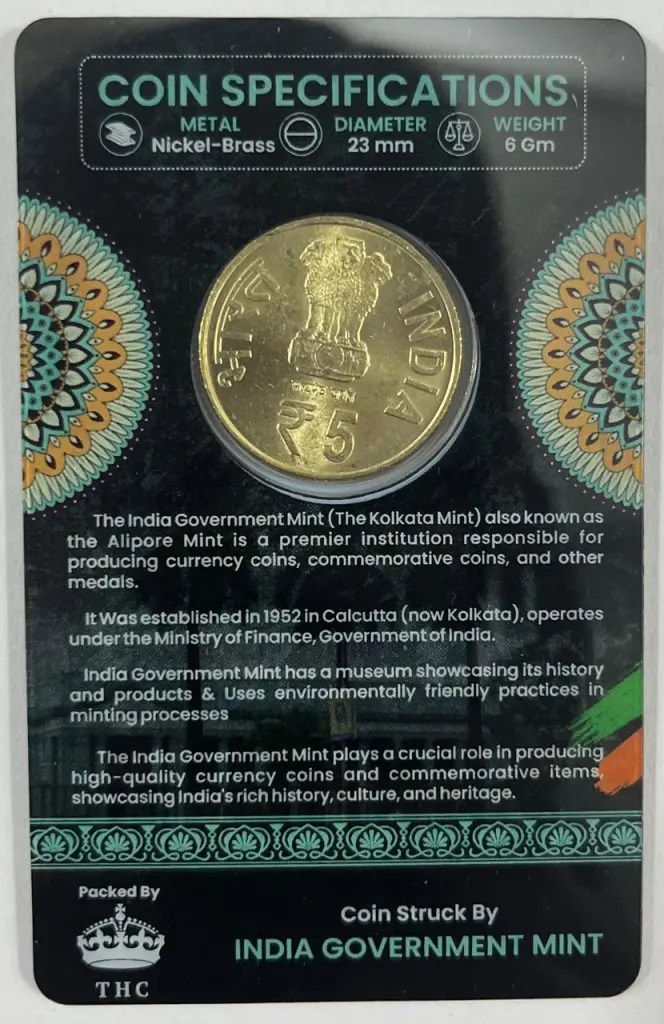 5 Rs. 60 YEARS OF INDIA GOVERNMENT MINT-KOLKATA rare Commemorative Coin Card Special Edition