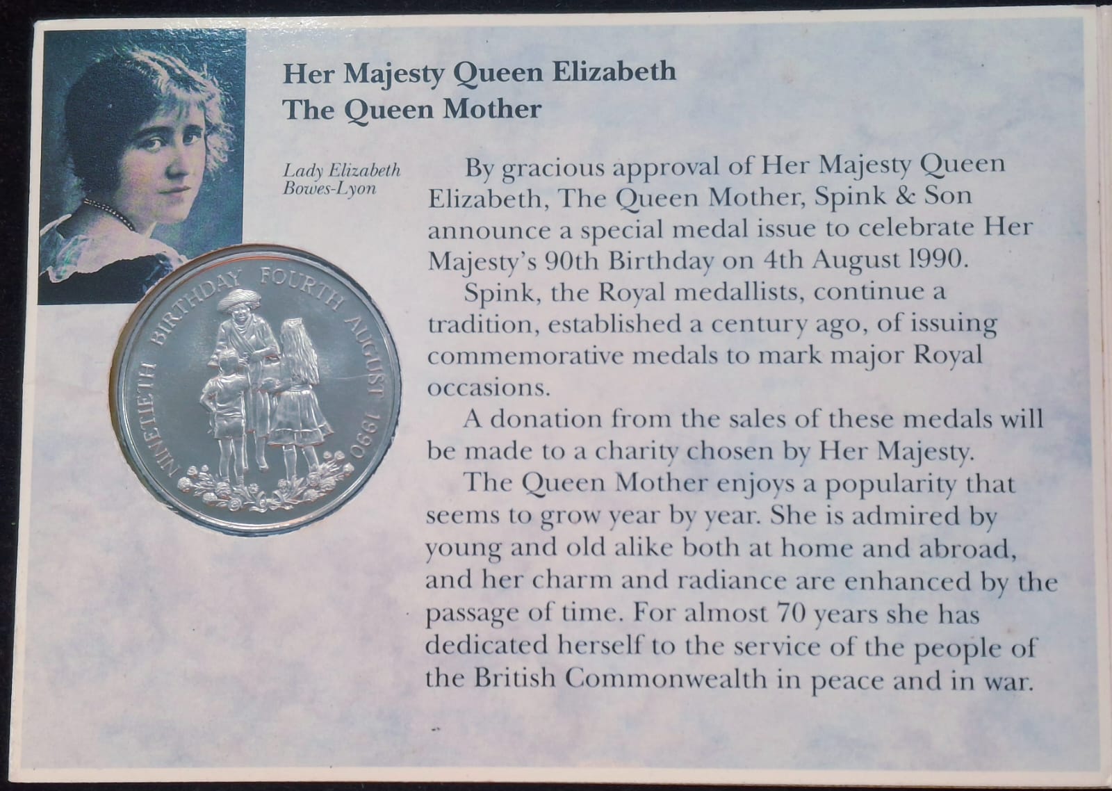 The Queen Mother Elizabeth - 90th Birthday Commemorative Medal 1990 Rare (1 Coin ) Set