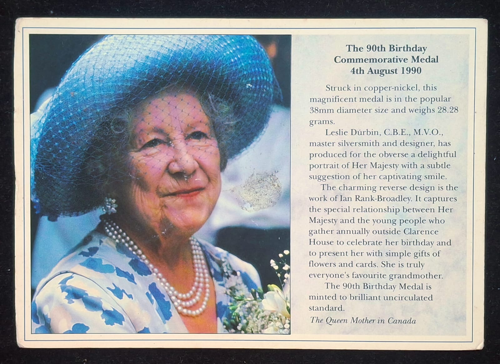 The Queen Mother Elizabeth - 90th Birthday Commemorative Medal 1990 Rare (1 Coin ) Set