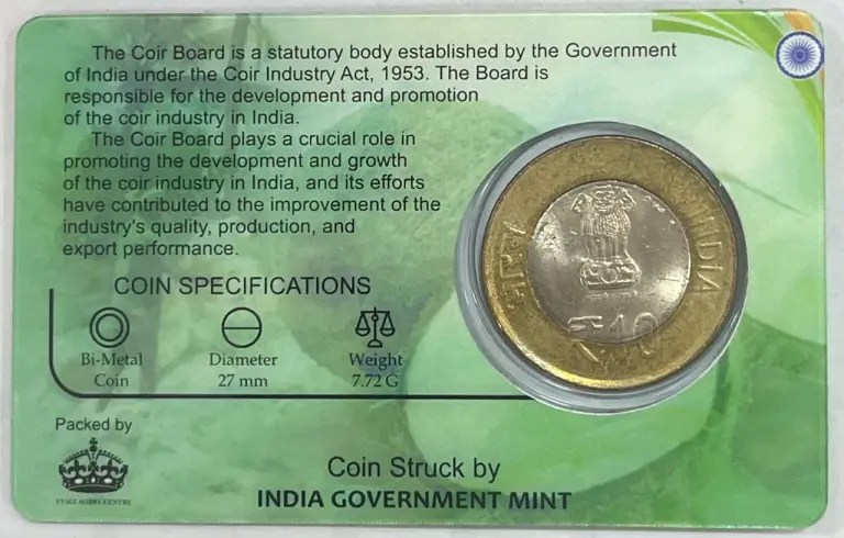 10 Rs 60 YEARS OF COIR BOARD COMMEMORATIVE ISSUE RARE COIN CARD SPECIAL EDITION