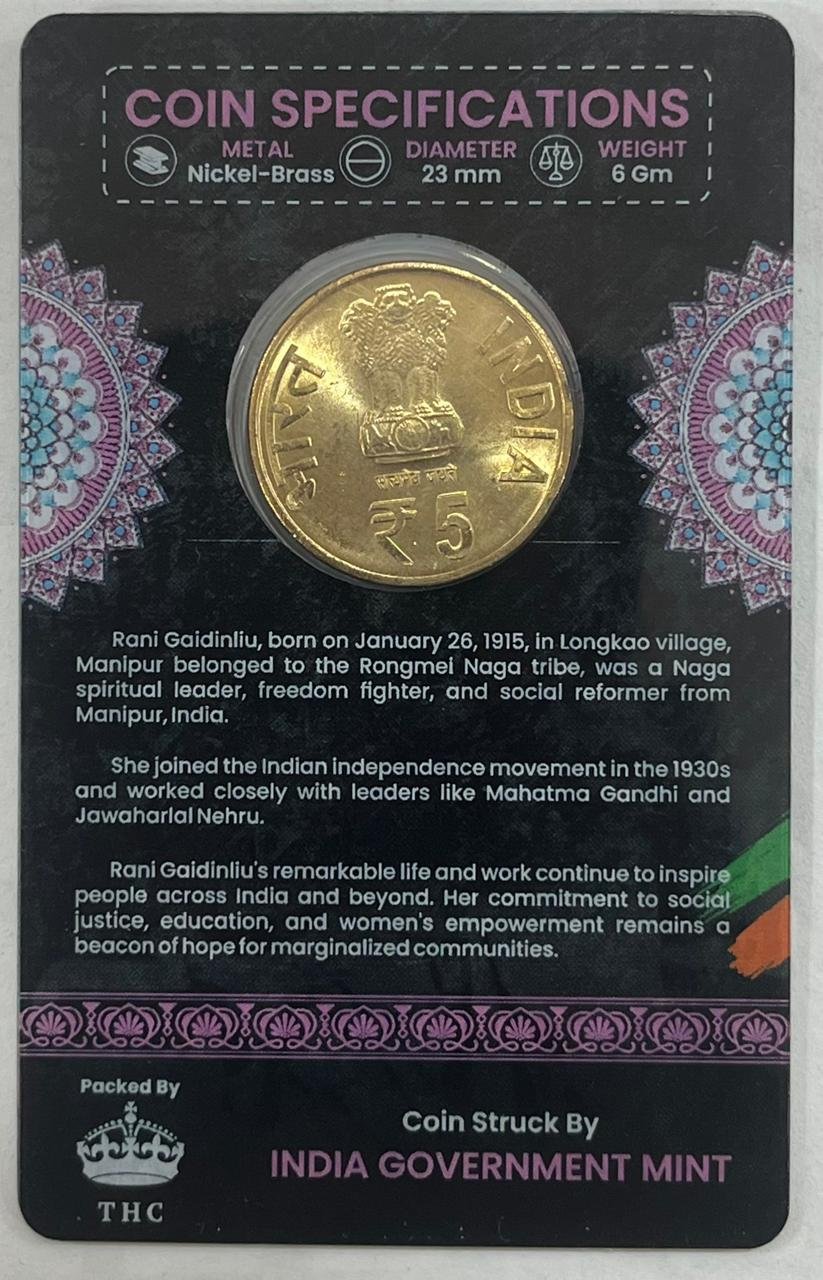 5 Rs BIRTH CENTENARY OF RANI GAIDINLIU COMMEMORATIVE ISSUE RARE COIN CARD SPECIAL EDITION