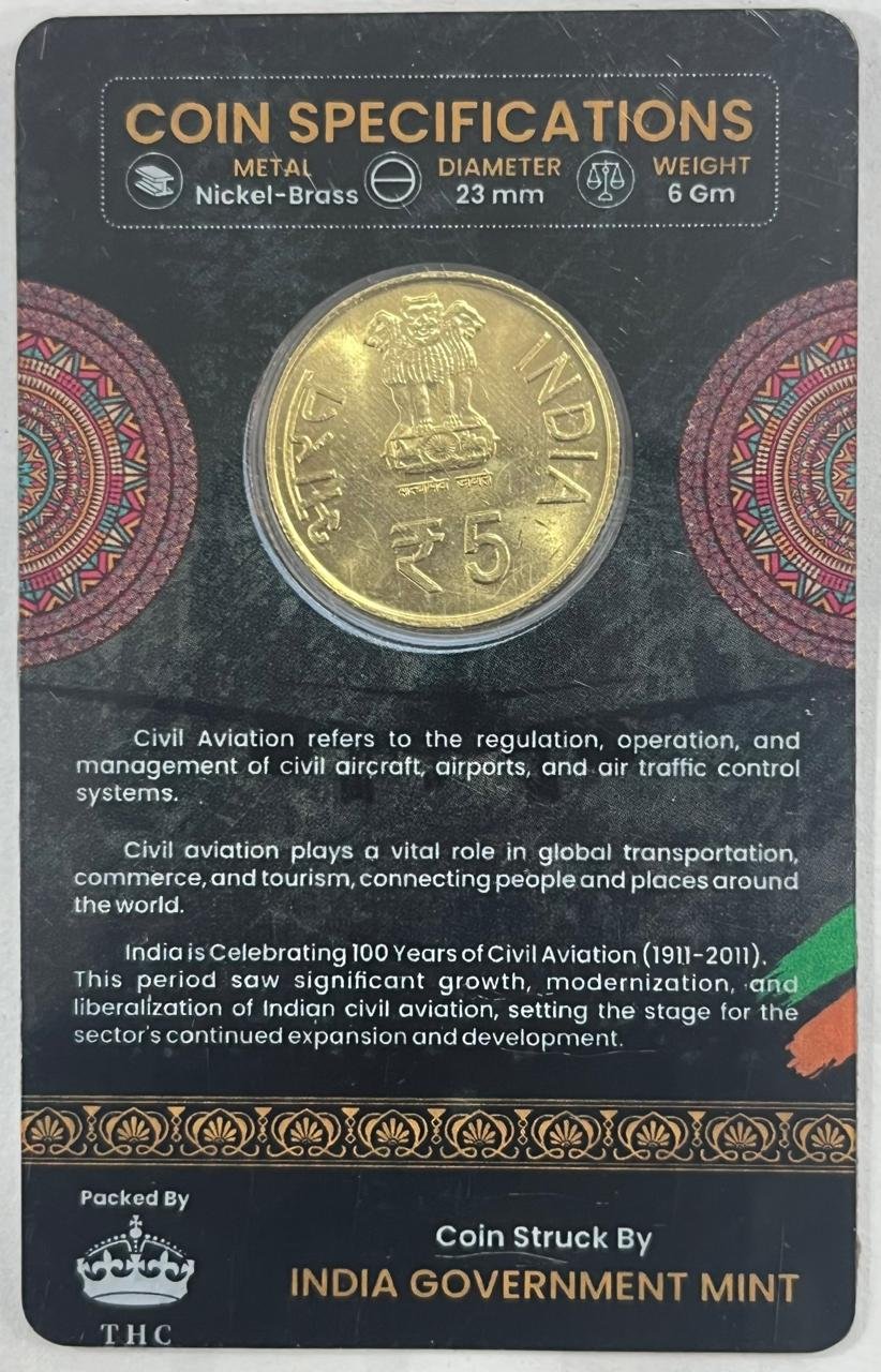5 Rs ( 100 YEARS OF CIVIL AVIATION ) COMMEMORATIVE ISSUE RARE COIN CARD SPECIAL EDITION