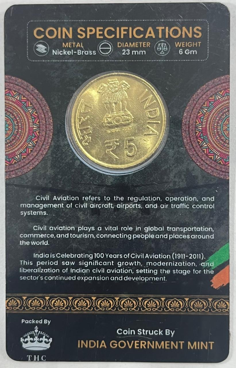 5 Rs ( 100 Years of CIVIL Aviation ) Commemorative Issue Rare Coin CARD Special Edition