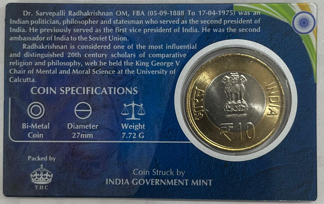 10 Rs Dr.sarvepalli Radhakrishnan Commeorative Issue Rare Coin CARD Special Edition