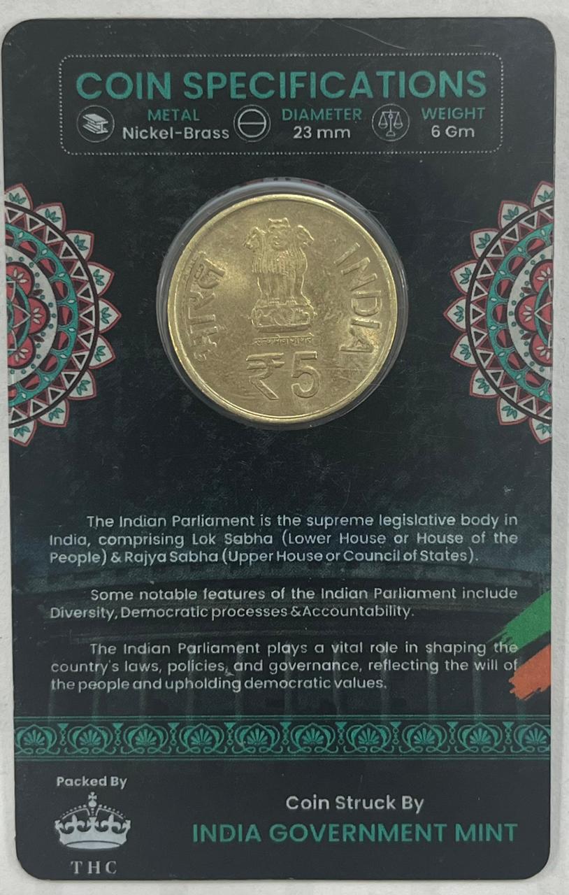 5 Rs (60 Years of the Parliament of India ) Commemorative Issue Rare Coin CARD Special Edition