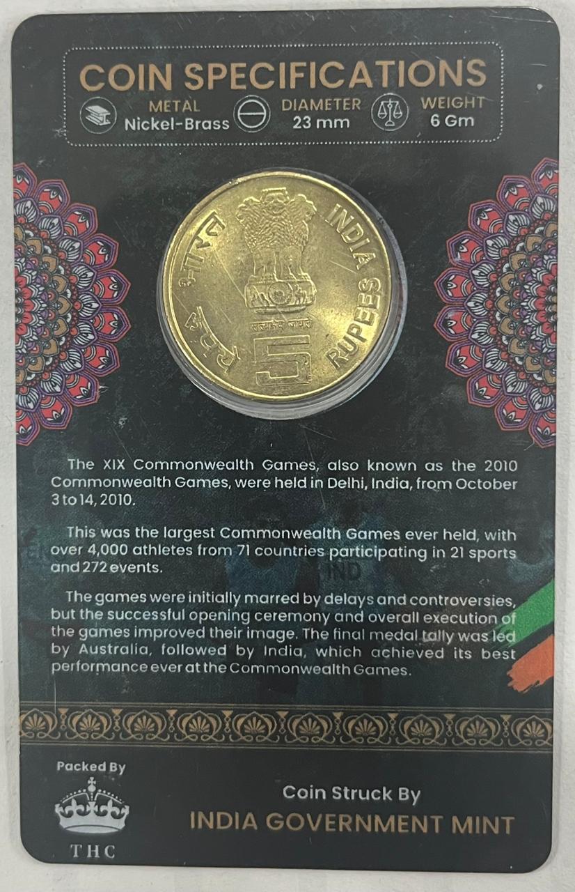 5Rs XIX Commonwealth Games Delhi Commemorative Issue Rare Coin CARD Special Edition