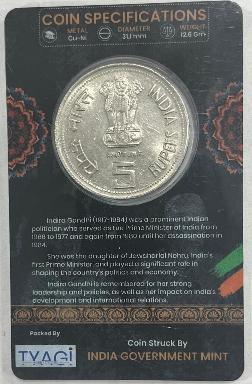 5 Rs INDIRA GANDHI COMMEMORATIVE ISSUE RARE COIN CARD SPECIAL EDITION