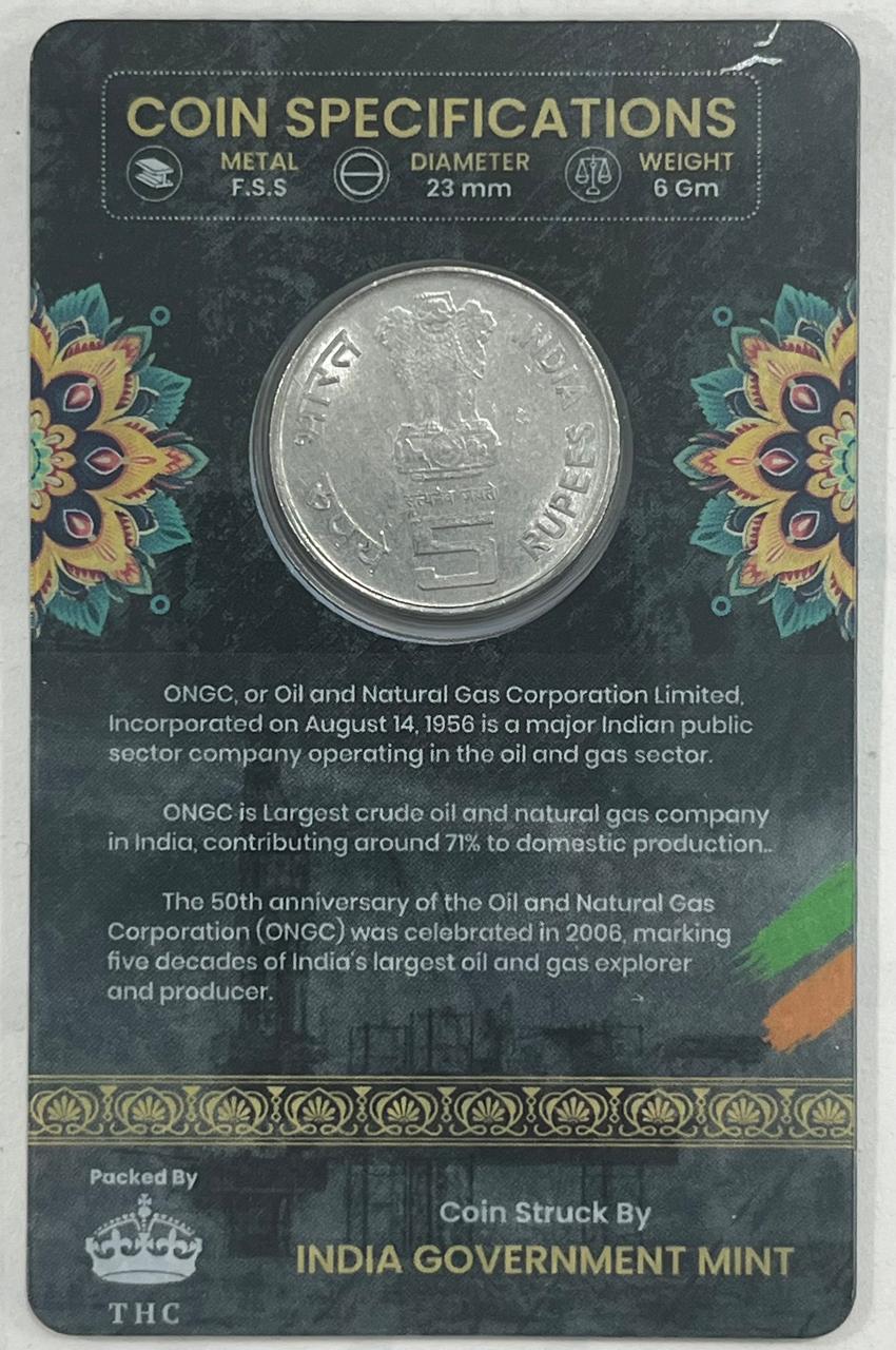 5 Rs ( 50th Anniversary of ONGC Celebrating India ) Commemorative Issue Rare Coin CARD Special Edition