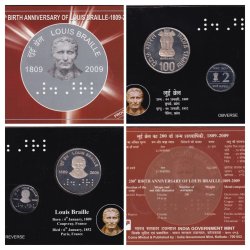 200th Birth Anniversary of Louis Braille (1809-2009) Kolkata Mint 2 Coin (Proof Set)