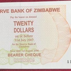 Zimbabwe 20 Dollars UNC Bank Note