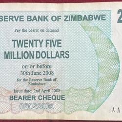 Zimbabwe 25000000 Dollars Rare Note #B-2