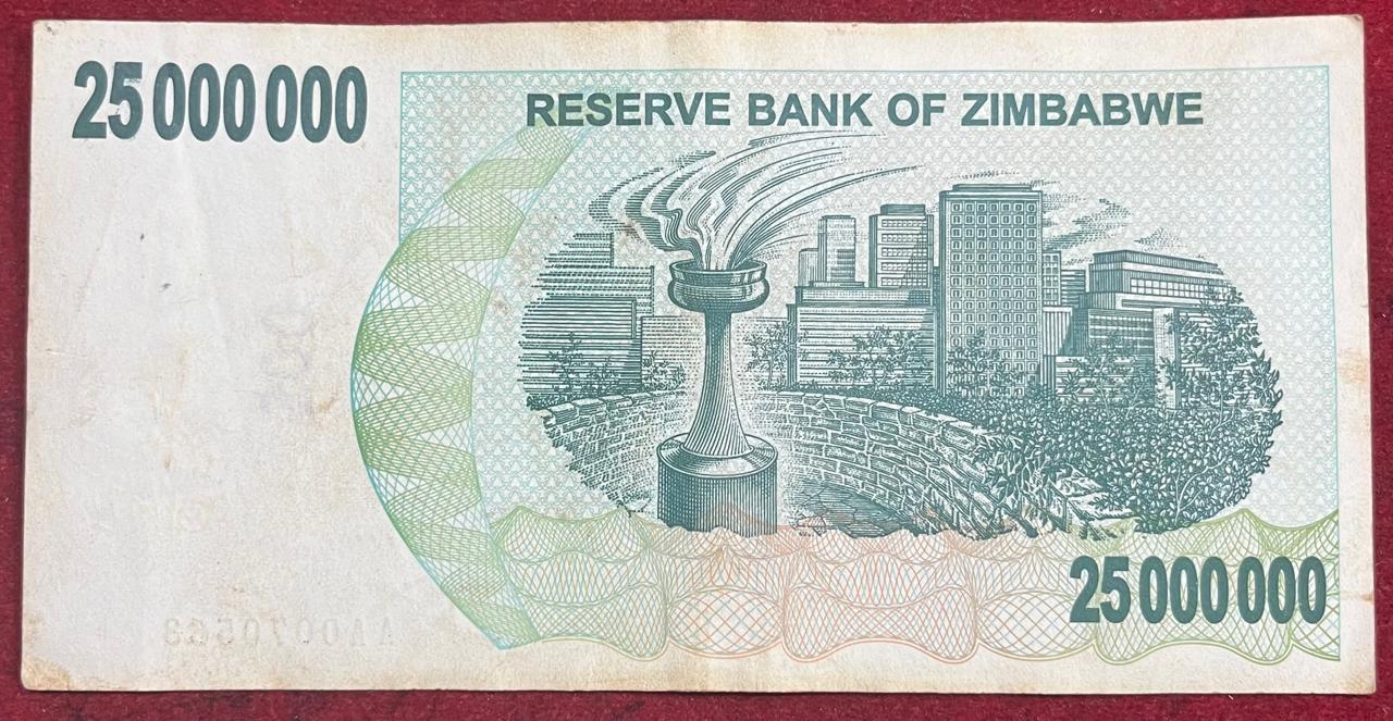 Zimbabwe 25000000 Dollars Rare Note #B-2