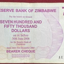 Zimbabwe 750000 Dollars Rare Note #B-2