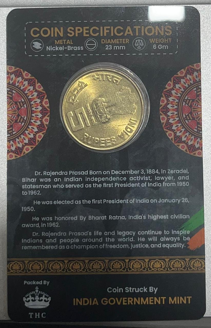 5 Rs DR.RAJENDRA PRASAD rare Commemorative Coin Card Special Edition