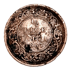 British India Copper 1/2 Pice Year 1887 Victoria Empress in Collectable Grade.