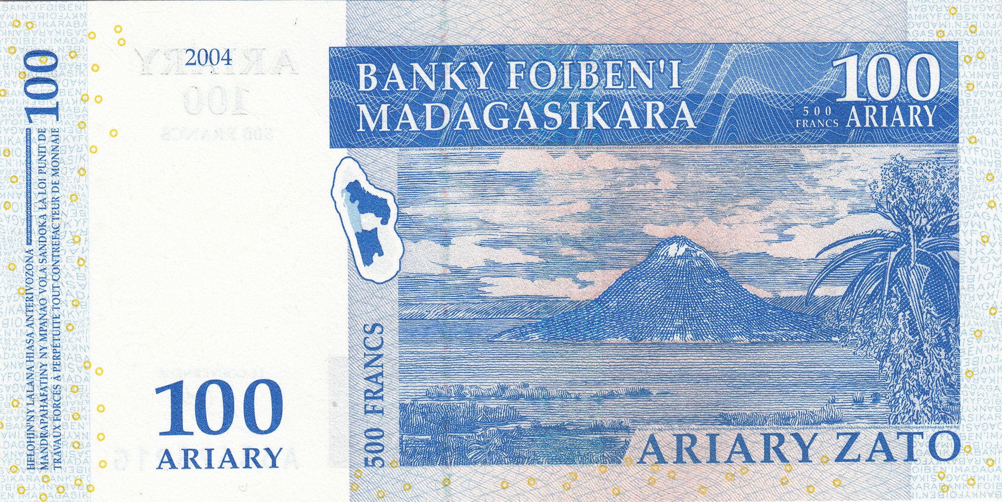 100 Ariary/500 Francs note of Madagascar Country (AD2004) with Ravinala palm (Ravenala madagascariensis)/Sugar Loaf hill in Diego-Suarez Bay in Antsiranana
