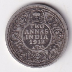 Two Annas 1912 George V King Silver Coin Ex Rare