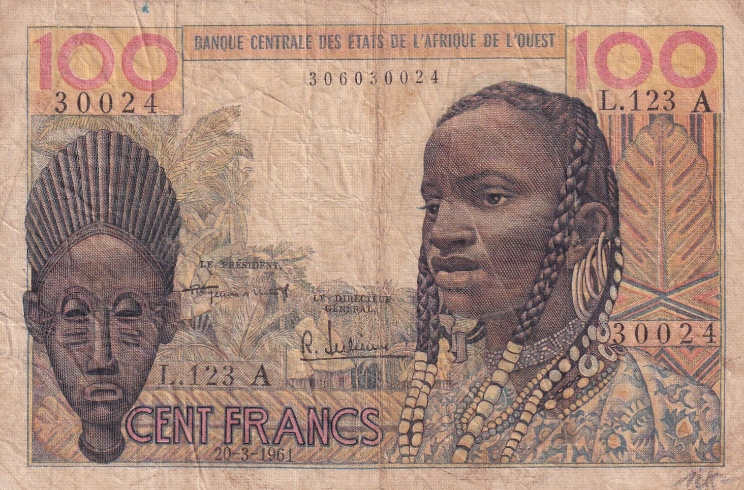 1961 Ivory Coast 100 Francs very rare cunteries Rare Note #B-2