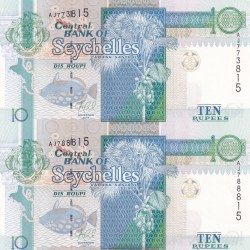 Seychelles 10 Rupees 2013 UNC (2 Note) Uncut Sheet