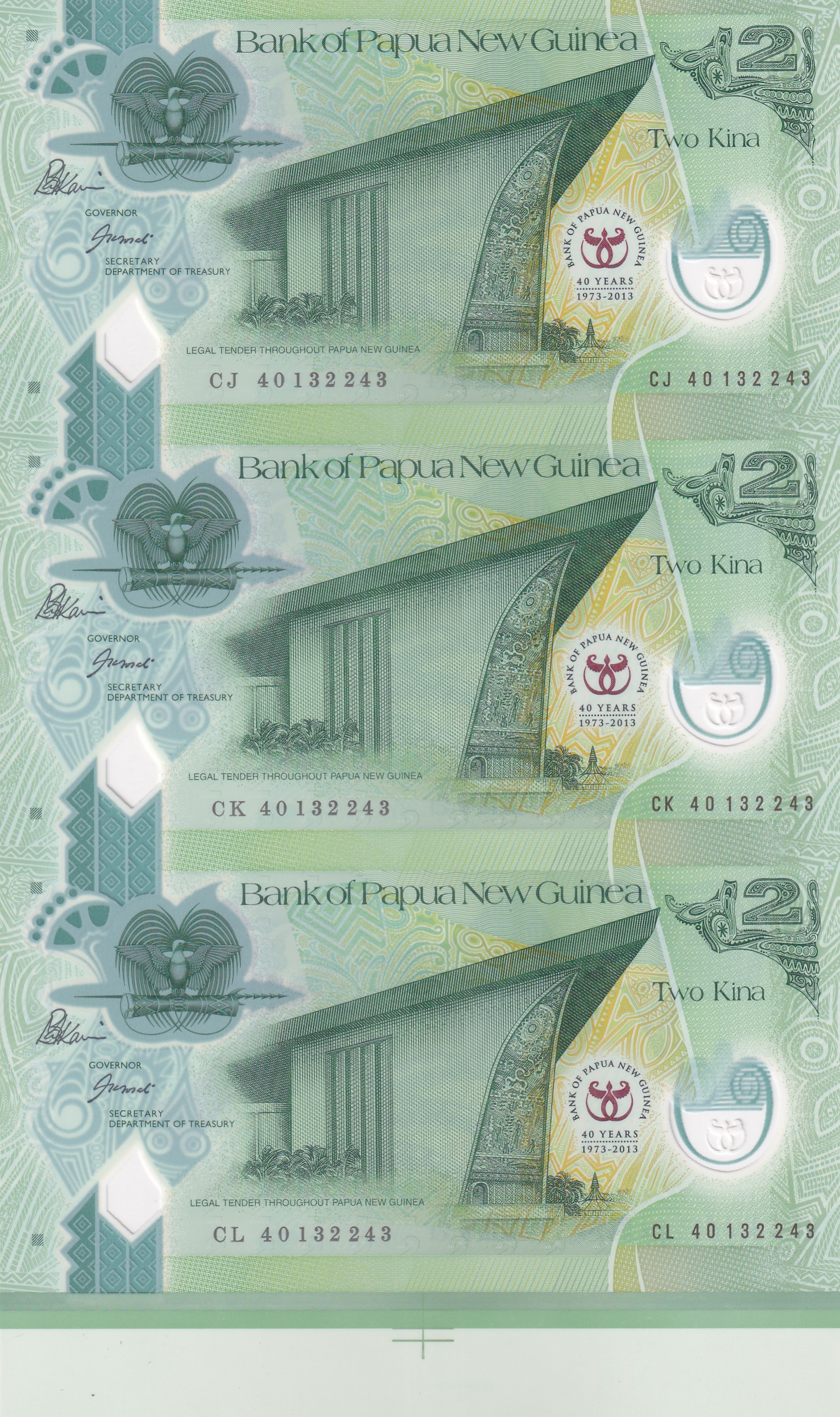 Papua New Guinea 2 KINA Rare Polymer UNC ( 3 Note) Uncut Sheet