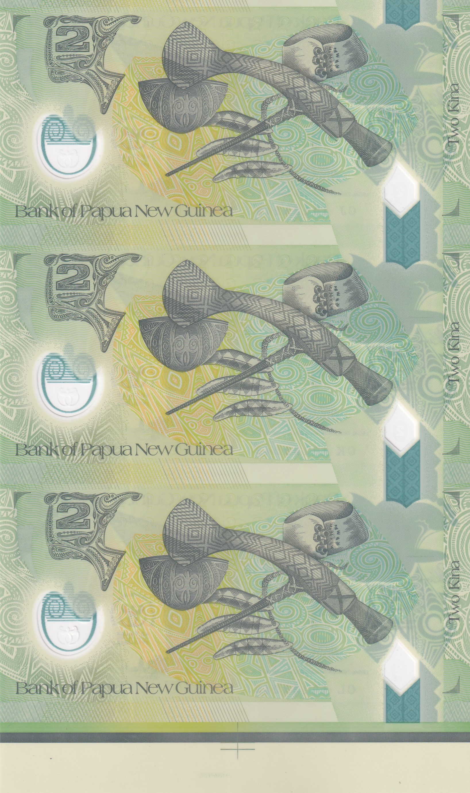 Papua New Guinea 2 KINA Rare Polymer UNC ( 3 Note) Uncut Sheet