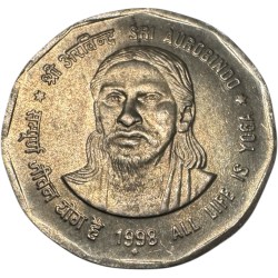 Re 2 Republic India Commemarative Coin Issued in the Year 1998 Empasizing All Life is Yoga Aurobindo Top Quality