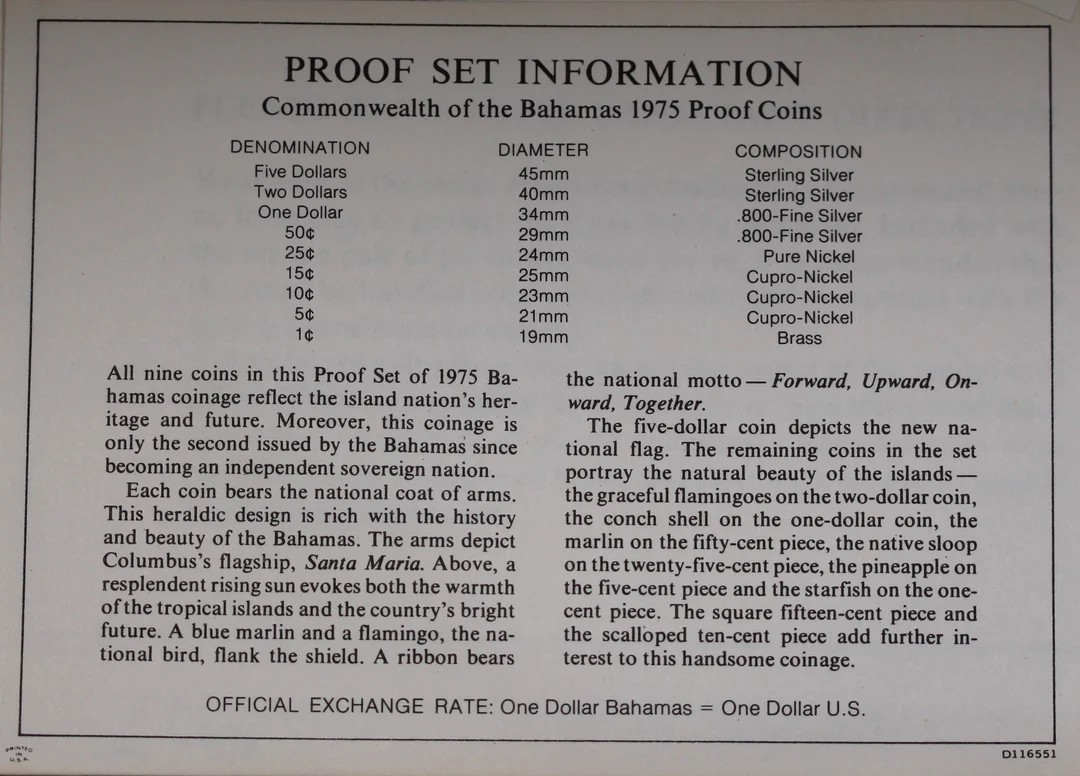 The 1975 Bahamas Proof Set features nine beautifully struck coins, including denominations from 1 cent to 5 dollars. Struck by the Franklin Mint in sterling silver (.925), the silver coins include the 50 cents, $1, $2, and $5 pieces