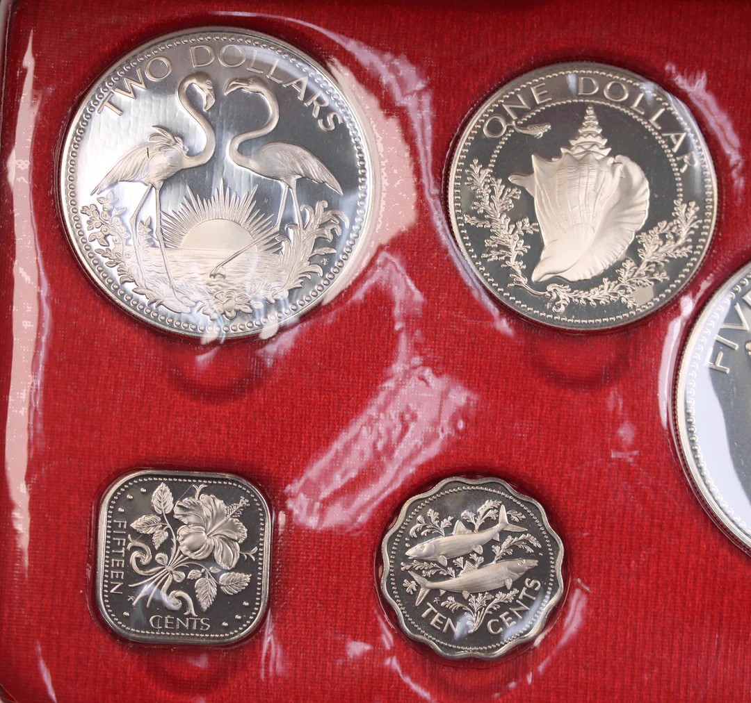 The 1975 Bahamas Proof Set features nine beautifully struck coins, including denominations from 1 cent to 5 dollars. Struck by the Franklin Mint in sterling silver (.925), the silver coins include the 50 cents, $1, $2, and $5 pieces