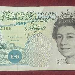 England Old Issue 5 Pound Elizabeth Rare Note #B-2