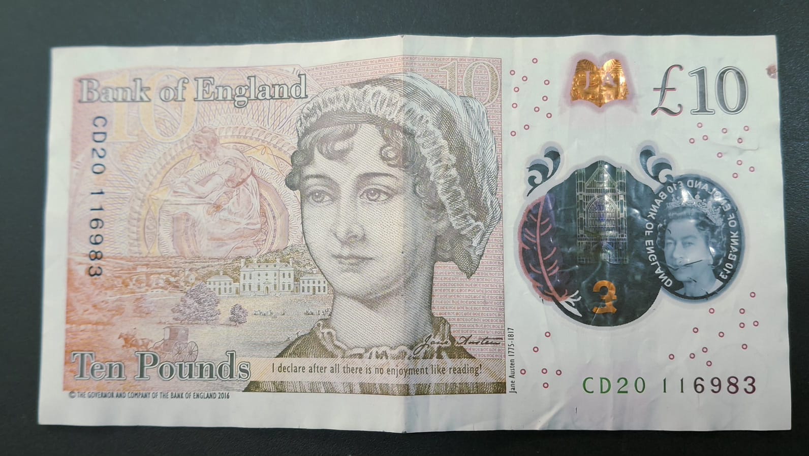 England 10 Pounds - Elizabeth II Jane Austen; Polymer Rare Note